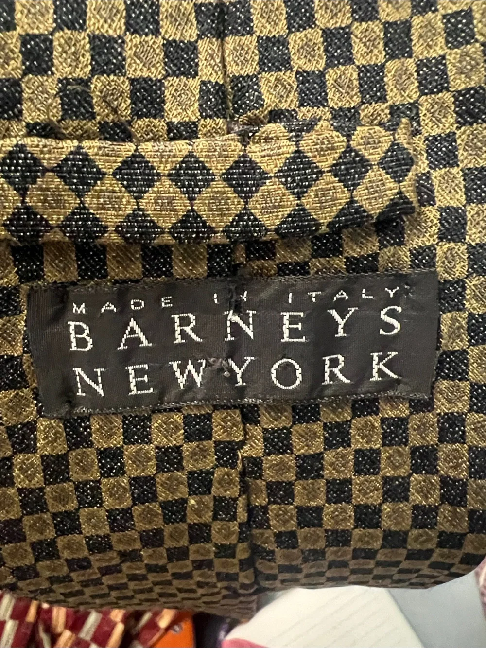 Barneys New York Antique Gold Brown and Black Checkerboard Silk Tie